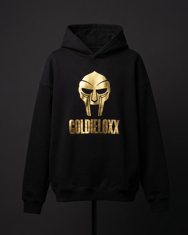 Concept mockup: black hoodie with a gold GoldieLoxx chest print